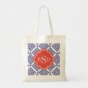 Chic blue greek key geometric patterns monogram tote bag