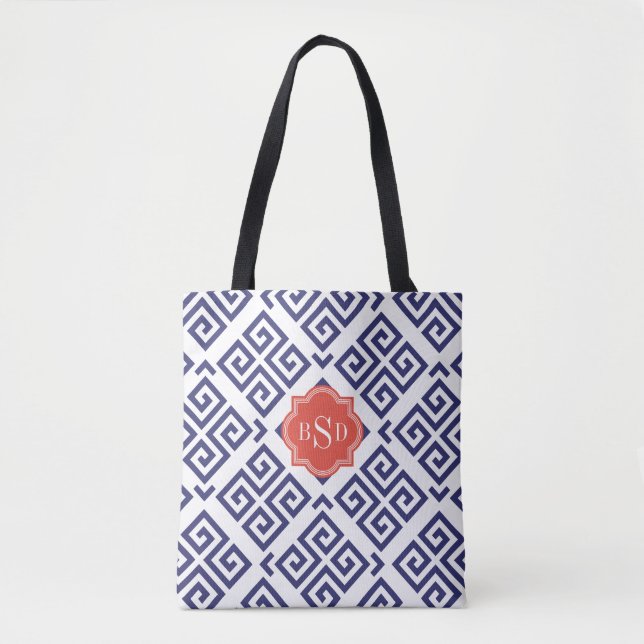 Chic blue greek key geometric patterns monogram tote bag (Front)