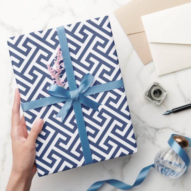 Chic blue greek key geometric patterns monogram wrapping paper (Gifting)