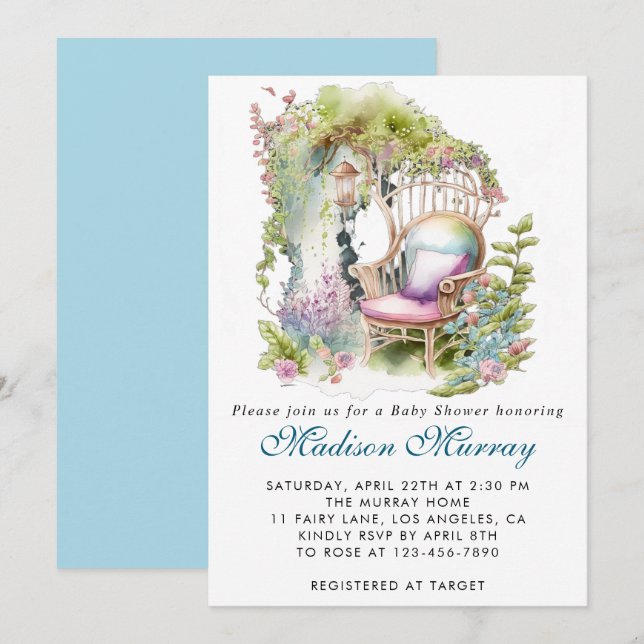 Chic Blue & Green Floral Garden Chair Baby Shower Invitation (Front/Back)
