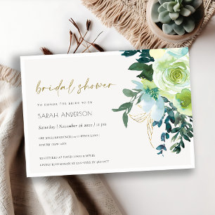 Chic Blue Green Floral Leafy Bridal Shower Invite