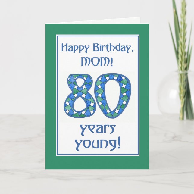 Chic Blue, Green, White 80th Birthday for Mum Card (Front)