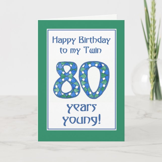 Chic Blue, Green, White 80th Birthday for Twin Card (Front)