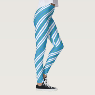 Chic Blue Green White Diagonal Deckchair Stripes Leggings