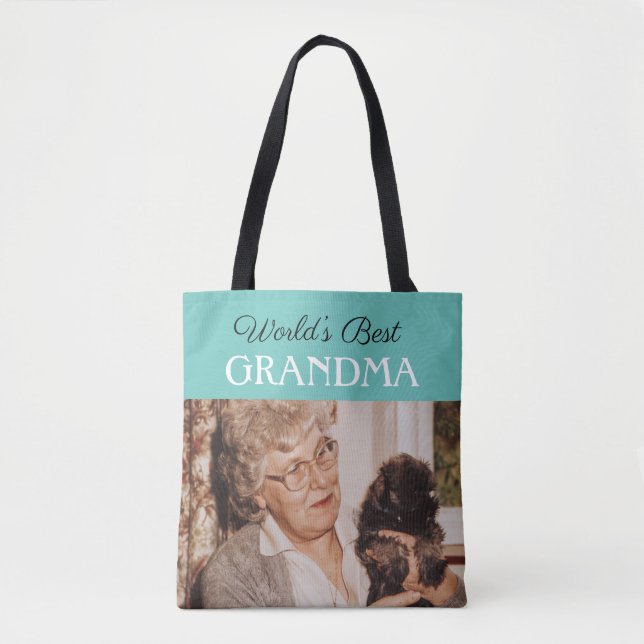 Chic Blue Green World’s Best Grandma Custom Photo Tote Bag (Front)