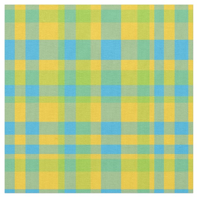 Chic Blue Green Yellow Plaid Daisy Chains Fabric (Close Up)
