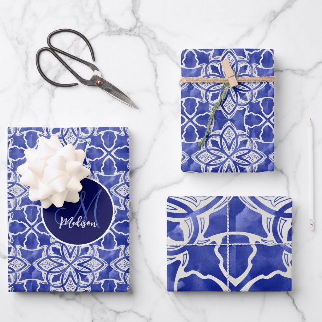 Chic Blue Grey Monogram Initials Family Name Wrapping Paper Sheet (Front)