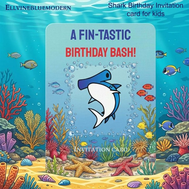 Chic Blue Hammerhead Shark Fin-tastic 10th  Invitation (5" x 7" blue hammerhead shark birthday invitation template for kids’ pool parties.)
