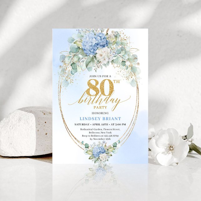 Chic Blue Hydrangea Eucalyptus 80th Birthday Invit Invitation (Chic Blue Hydrangea Eucalyptus 80th Birthday Invitation)
