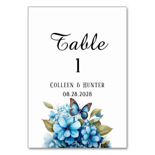 Chic Blue Hydrangea Floral Butterfly Wedding Table Number