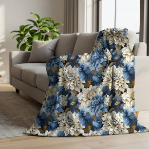 Chic Blue Ivory Floral Elegant Cosy Sherpa Blanket
