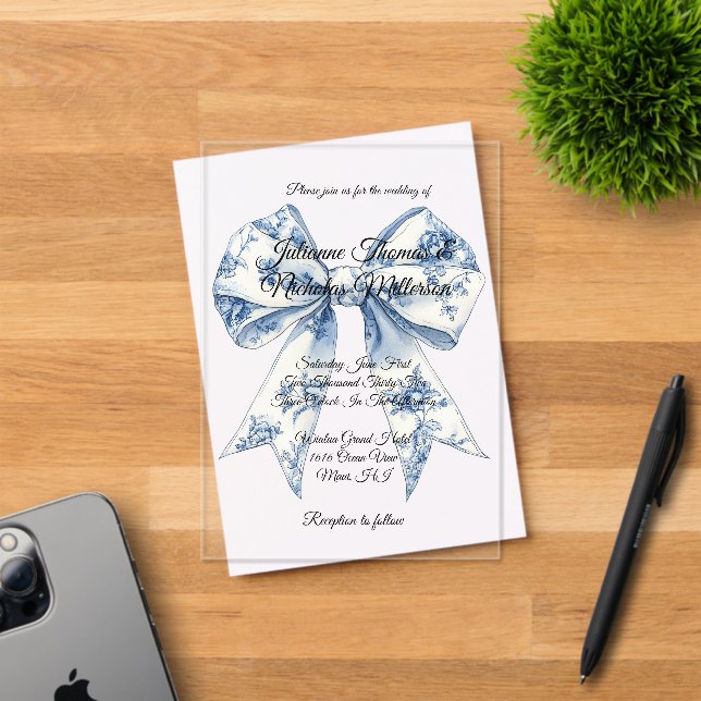 Chic Blue Light White Bow Wedding Acrylic Invitations (Insitu (Invitation Card))