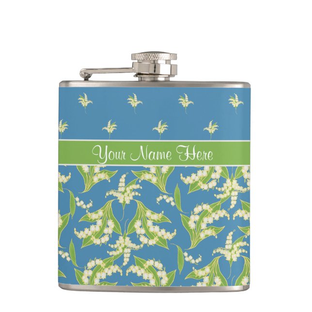 Chic Blue Lily-of-the-Vally Floral Hip Flask (Front)