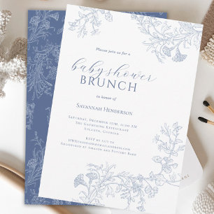 Chic Blue Line Drawn Floral Baby Shower Brunch Invitation