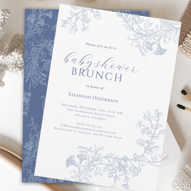 Chic Blue Line Drawn Floral Baby Shower Brunch Invitation (Creator Uploaded)