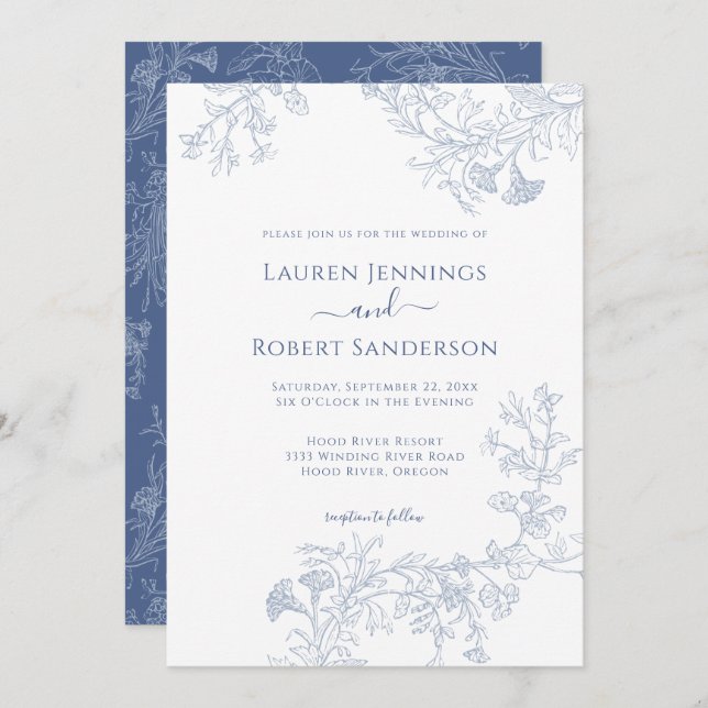 Chic Blue Line Drawn Floral Wedding Invitation (Front/Back)
