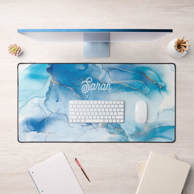 Chic Blue Marble and Gold Personalised Desk Mat (Office 1)