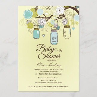 Chic blue mason jar floral baby shower invitation