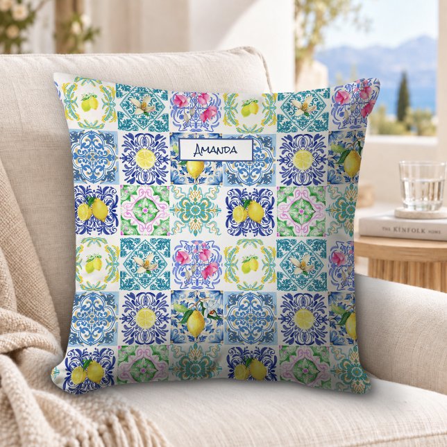 Chic Blue Mediterranean Sicilian Tile Pattern Cushion (Creator Uploaded)