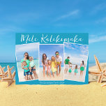 Chic Blue Mele Kalikimaka 3 Beach Photo Christmas Holiday Card<br><div class="desc">Chic blue customisable beach family photo collage Christmas card with your favourite tropical photos in the sun. Add 3 of your favourite vertical photograph memories from your island vacation to the coast. Beautiful coastal horizontal holiday cards with a clean,  modern photograph layout and pretty white script.</div>