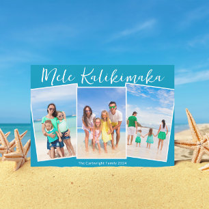 Chic Blue Mele Kalikimaka 3 Beach Photo Christmas Holiday Card