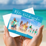 Chic Blue Mele Kalikimaka 3 Family Photo Christmas Holiday Postcard<br><div class="desc">Chic blue customisable beach family photo collage Christmas postcard with your favourite tropical photos in the sun. Add 3 of your favourite vertical photograph memories from your island vacation to the coast. Beautiful coastal horizontal holiday postcards with a clean,  modern photograph layout and pretty white script.</div>