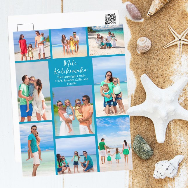 Chic Blue Mele Kalikimaka Photo Collage Beach Holiday Postcard (Creator Uploaded)