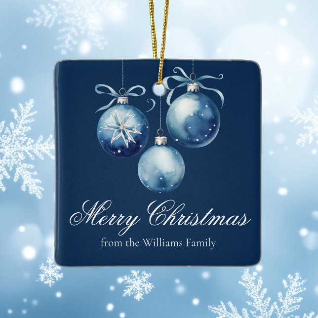 Chic Blue Merry Christmas 2025 Personalised Family Ceramic Ornament (Creator Uploaded)