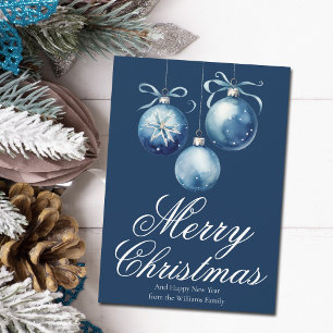 Chic Blue Merry Christmas Ornaments Customised Holiday Card