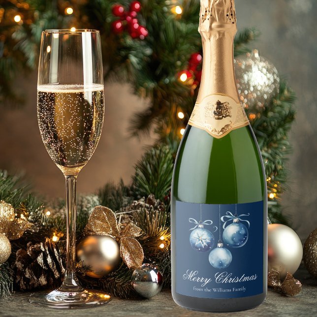 Chic Blue Merry Christmas Ornaments Customised Sparkling Wine Label (Creator Uploaded)