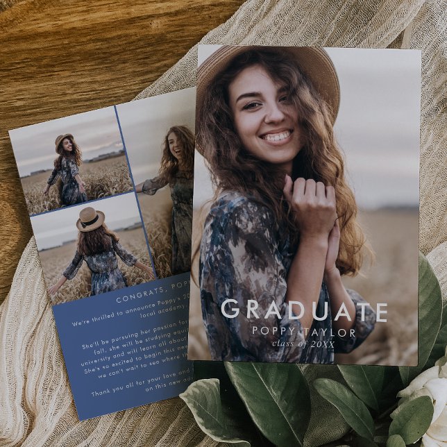 Chic Blue Message Photo Collage Graduation Announcement (Creator Uploaded)