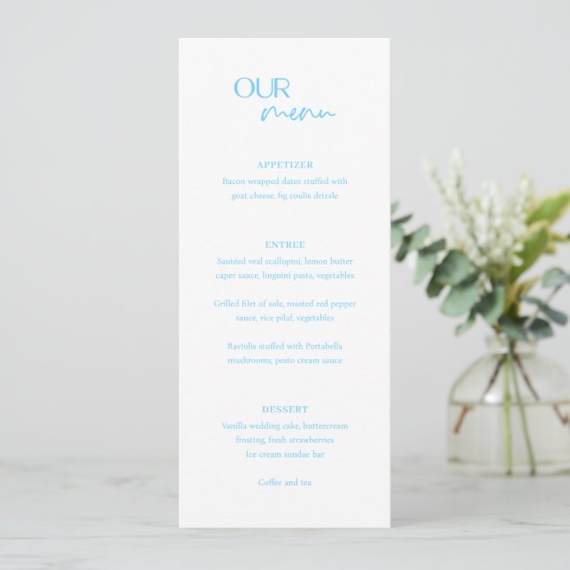 Chic Blue Modern Wedding Menu (Standing Front)