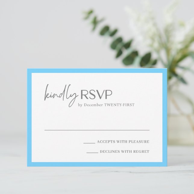 Chic Blue Modern Wedding RSVP Card (Standing Front)