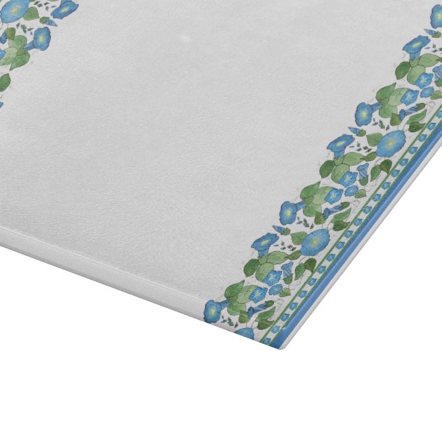 Chic Blue Morning Glory Border Glass Cutting Board (Corner)