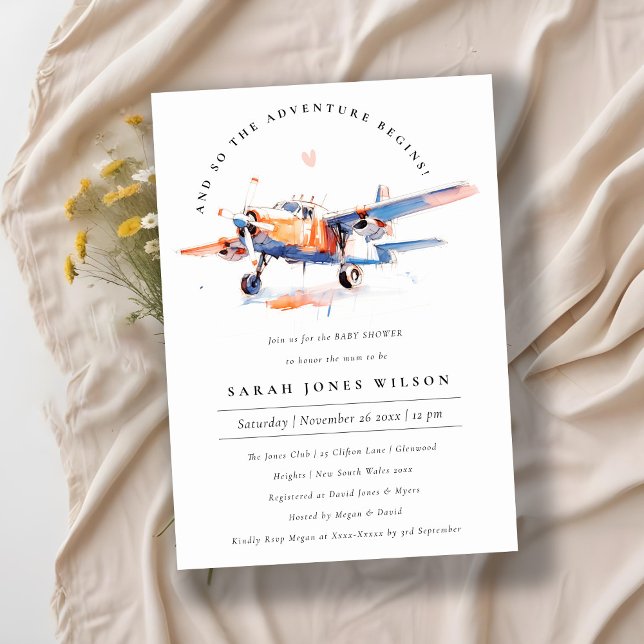 Chic Blue Orange Blush Aeroplane Baby Shower Invitation (Creator Uploaded)