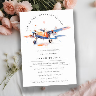 Chic Blue Orange Blush Aeroplane Bridal Shower Invitation