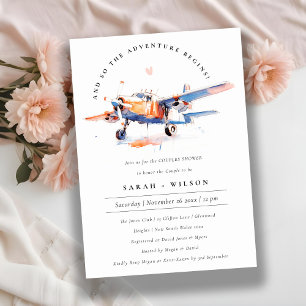 Chic Blue Orange Blush Aeroplane Couples Shower Invitation