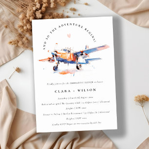 Chic Blue Orange Blush Air Plane Rehearsal Dinner Invitation