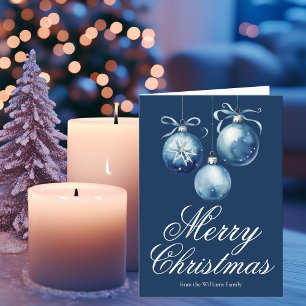 Chic Blue Ornaments Personalised Merry Christmas Holiday Card