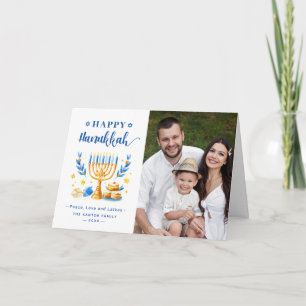 Chic Blue Peace Love Latkes Happy Hanukkah Photo Holiday Card