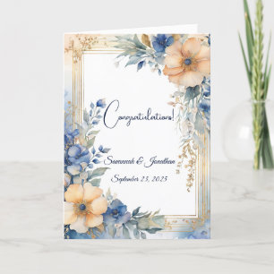 Chic Blue Peach Floral Personalised Wedding Card