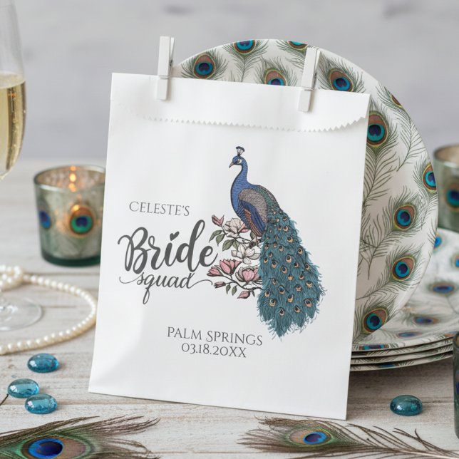 Chic Blue Peacock Bride Squad Favour Bag (Chic Floral Peacock Bride Squad Bridal Shower Favor Bags for Elegant Flower & Bird Theme Wedding)