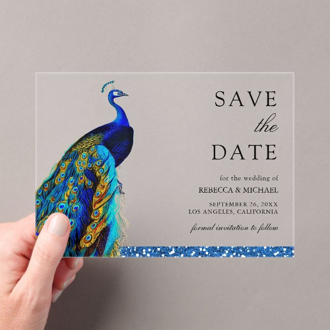 Chic Blue Peacock Indian Wedding Save the Date Acrylic Invitations (Insitu (Handheld))