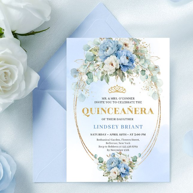 Chic Blue Peony Floral Quinceañera Invitation Gold (Chic Blue Peony Floral Quinceañera Invitation Gold)
