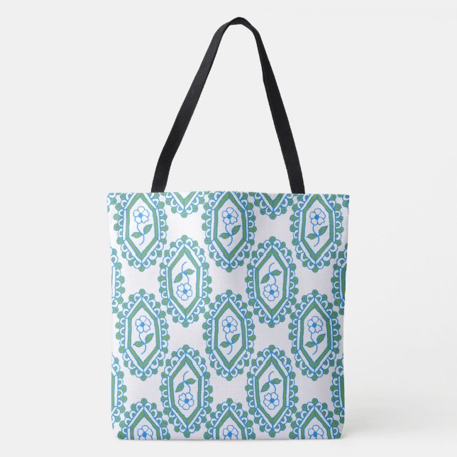 Chic Blue Periwinkle Motifs on White Background Tote Bag (Front)
