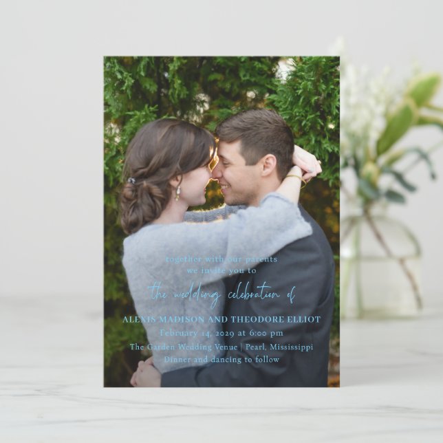 Chic Blue Photo Modern Wedding Invitation (Standing Front)