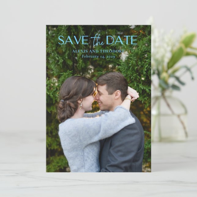 Chic Blue Photo Modern Wedding Save The Date (Standing Front)