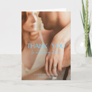 Chic Blue Photo Modern Wedding Thank You Card