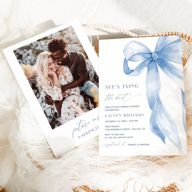 Chic Blue Photo Tying The Knot Photo Bridal Shower Invitation (Creator Uploaded)