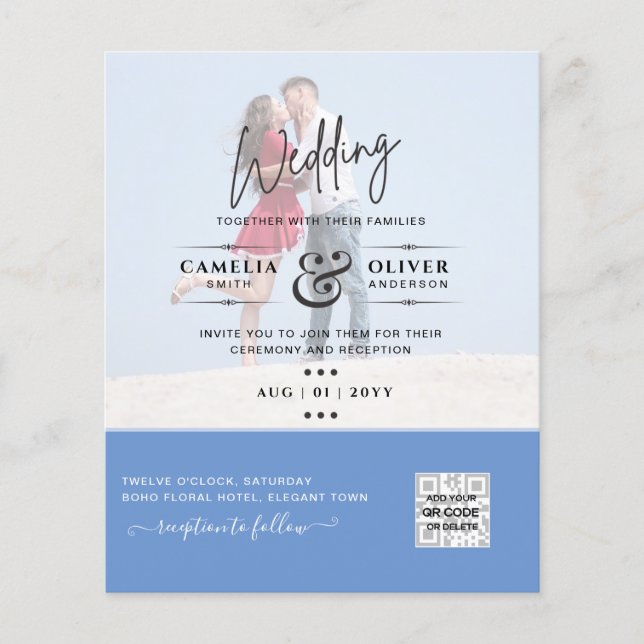 Chic Blue Photo Wedding Invite QR Code Save Date  Flyer (Front)